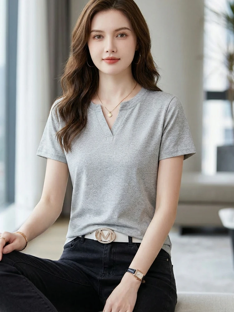 Korean Minimalist Slim Fit Versatile Layering Tops 2026 Summer Trendy Solid V-Neck Short Sleeve Tees Women T-Shirt