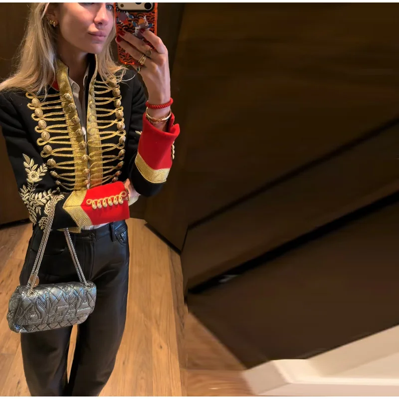 Fashion Napoleon Golden Short Jacket Women Female Stand Collar Knot Button Long Sleeve Slim Jackets 2026 Spring New Streetwear