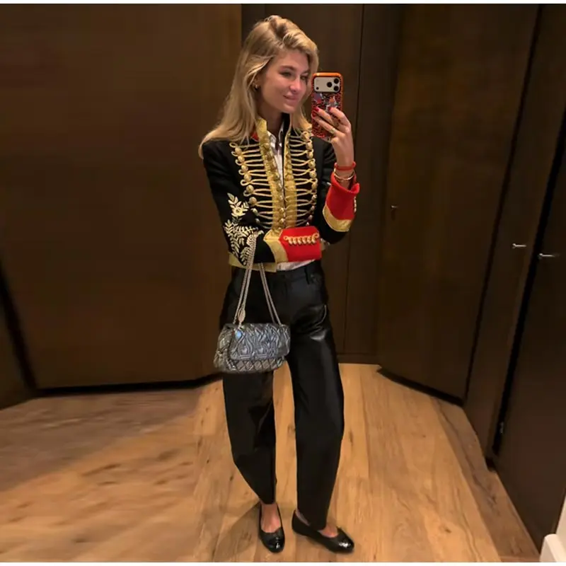 Fashion Napoleon Golden Short Jacket Women Female Stand Collar Knot Button Long Sleeve Slim Jackets 2026 Spring New Streetwear