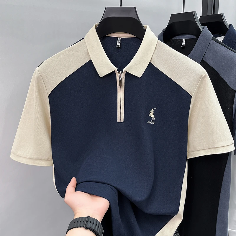 Summer New Men's Short Sleeved Polo Shirt, Lapel, Business Casual T-shirt, Embroidered Color Blocked Men's Shirt