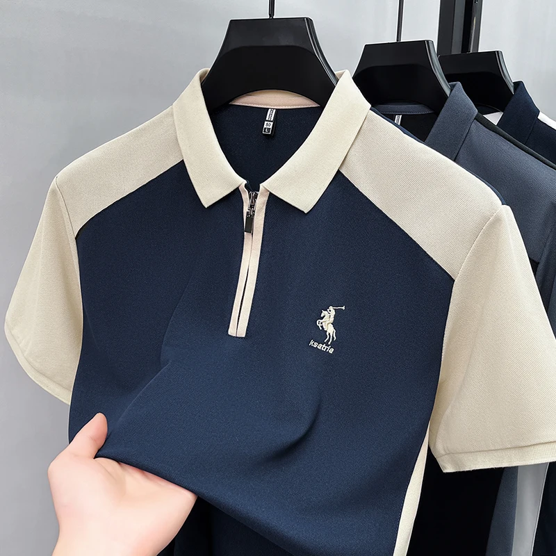 Summer New Men's Short Sleeved Polo Shirt, Lapel, Business Casual T-shirt, Embroidered Color Blocked Men's Shirt