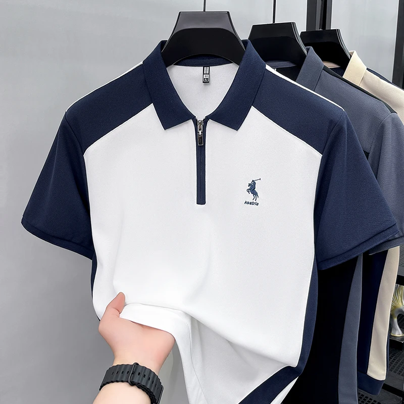 Summer New Men's Short Sleeved Polo Shirt, Lapel, Business Casual T-shirt, Embroidered Color Blocked Men's Shirt
