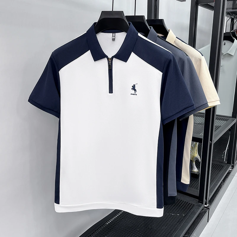 Summer New Men's Short Sleeved Polo Shirt, Lapel, Business Casual T-shirt, Embroidered Color Blocked Men's Shirt
