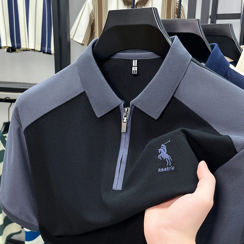 Summer New Men's Short Sleeved Polo Shirt, Lapel, Business Casual T-shirt, Embroidered Color Blocked Men's Shirt