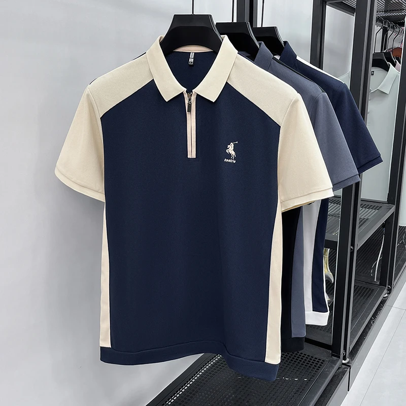 Summer New Men's Short Sleeved Polo Shirt, Lapel, Business Casual T-shirt, Embroidered Color Blocked Men's Shirt