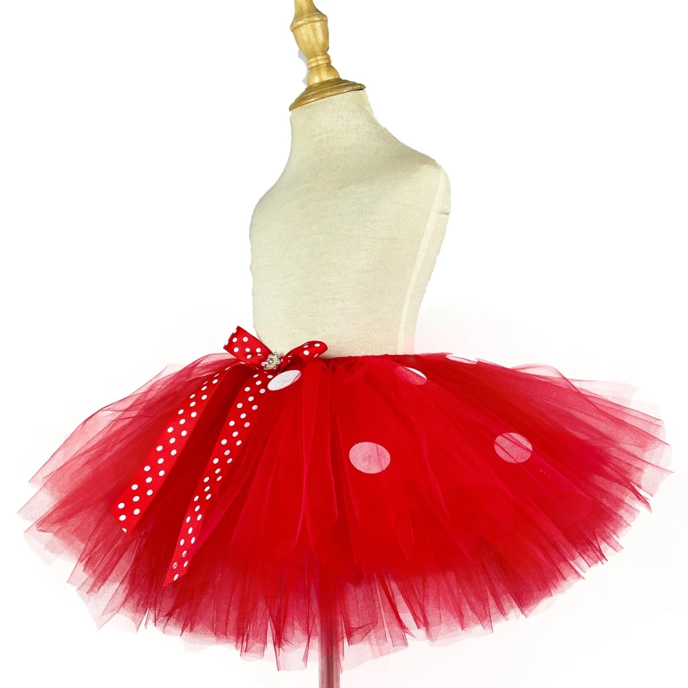 Girls Red Cartoon Skirts Baby Ballet Tutus Tulle Pettiskirts with White Polka Dots and Hairbow Kids Cosplay Party Costume Skirt