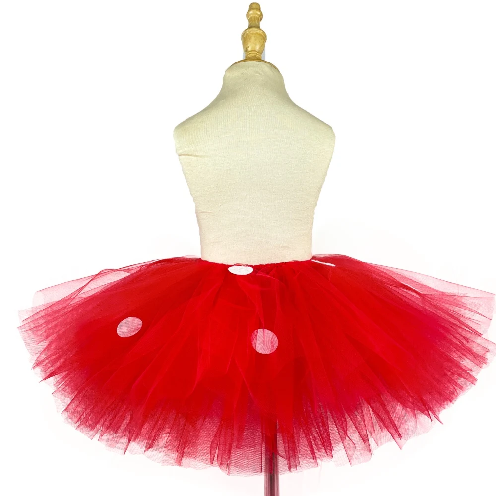 Girls Red Cartoon Skirts Baby Ballet Tutus Tulle Pettiskirts with White Polka Dots and Hairbow Kids Cosplay Party Costume Skirt