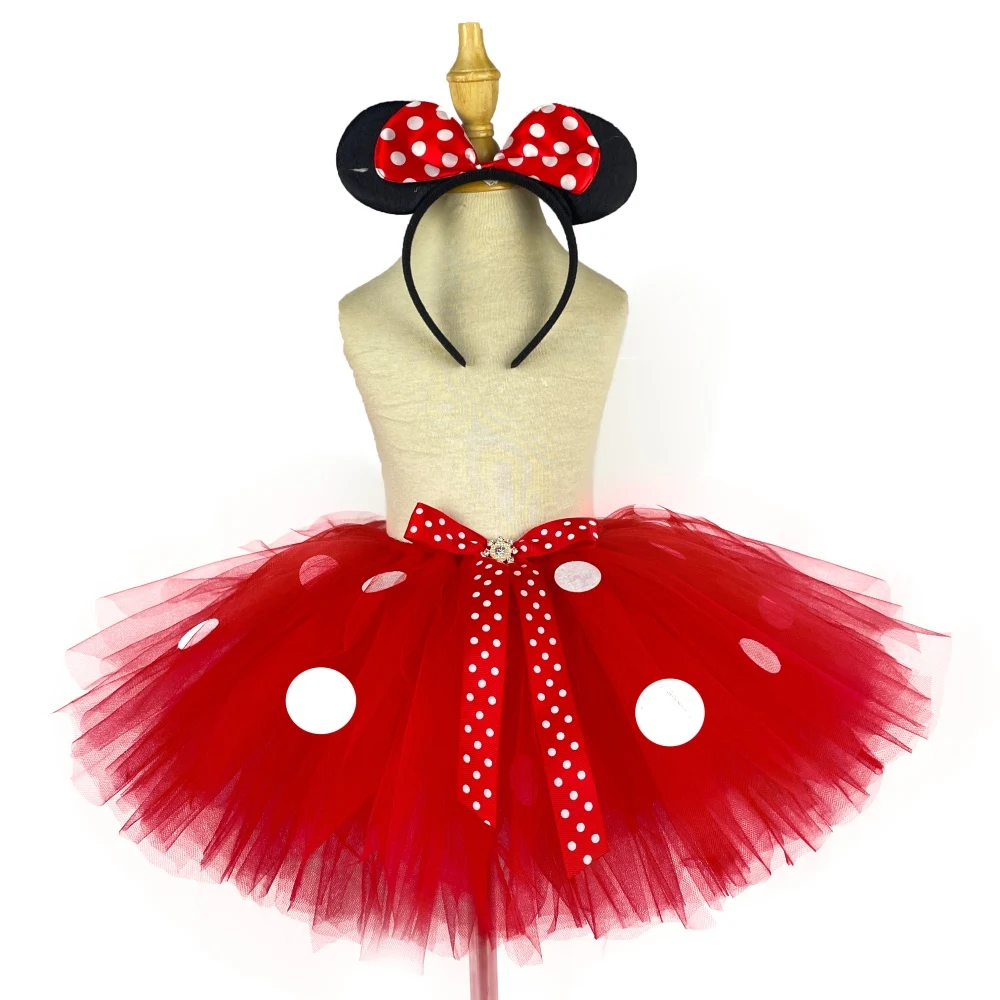 Girls Red Cartoon Skirts Baby Ballet Tutus Tulle Pettiskirts with White Polka Dots and Hairbow Kids Cosplay Party Costume Skirt
