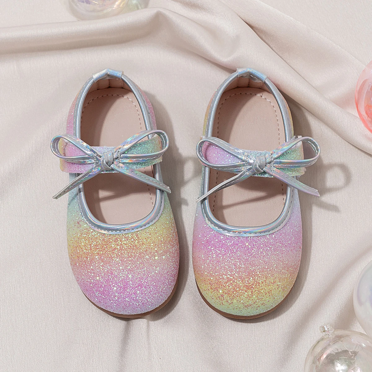 Baby Girls Princess Shoes with Bow New Toddler Sparkly Colorful Party Dress Flats Gradient Color Soft Chic School Dance Shoes