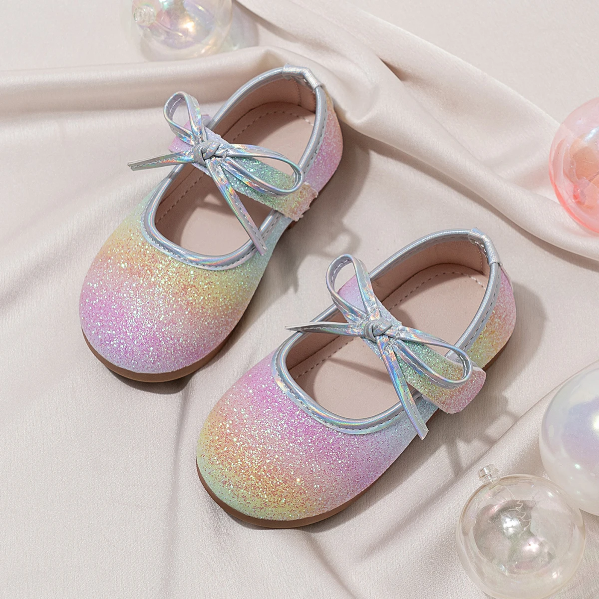 Baby Girls Princess Shoes with Bow New Toddler Sparkly Colorful Party Dress Flats Gradient Color Soft Chic School Dance Shoes