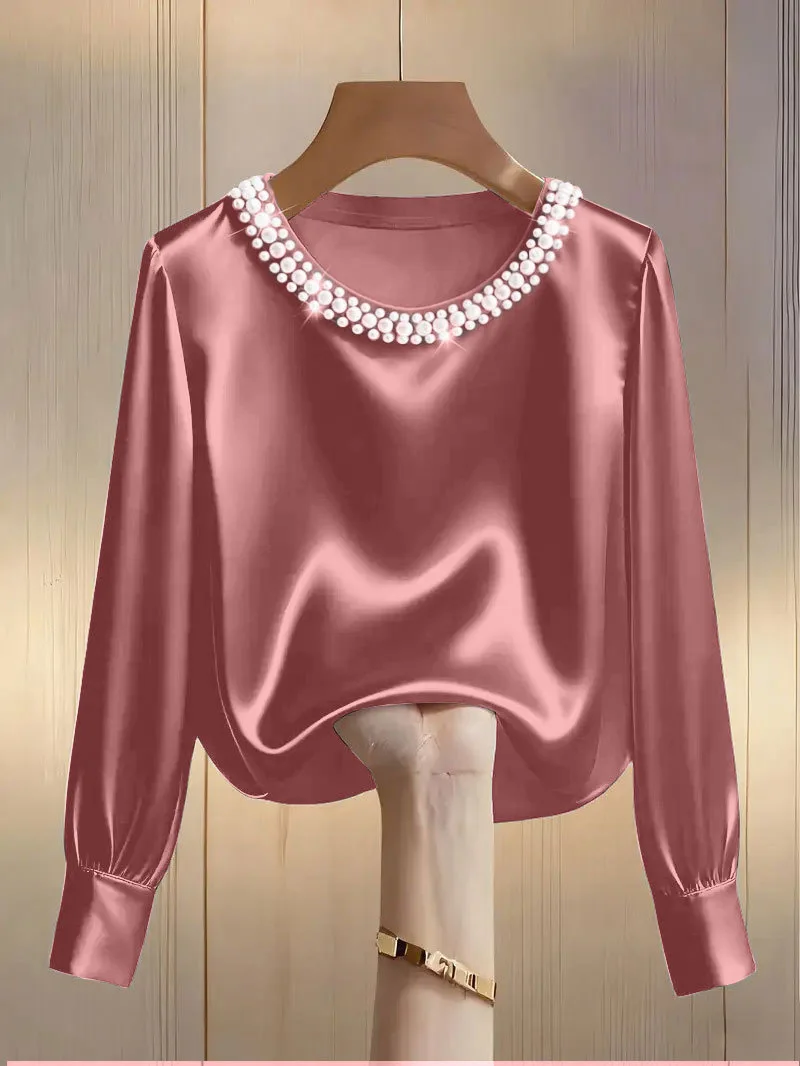 Spring and summer French high-end pearl round neck satin shirt top for women