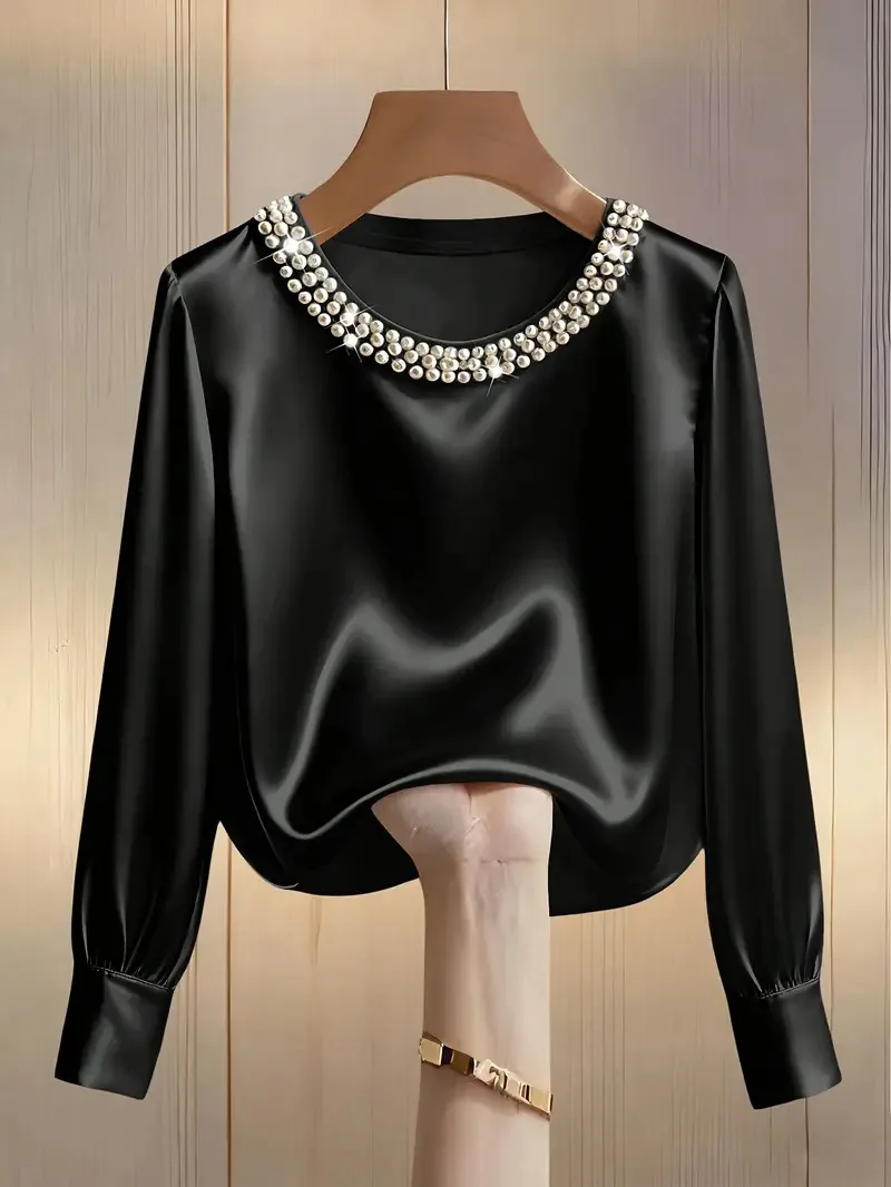 Spring and summer French high-end pearl round neck satin shirt top for women