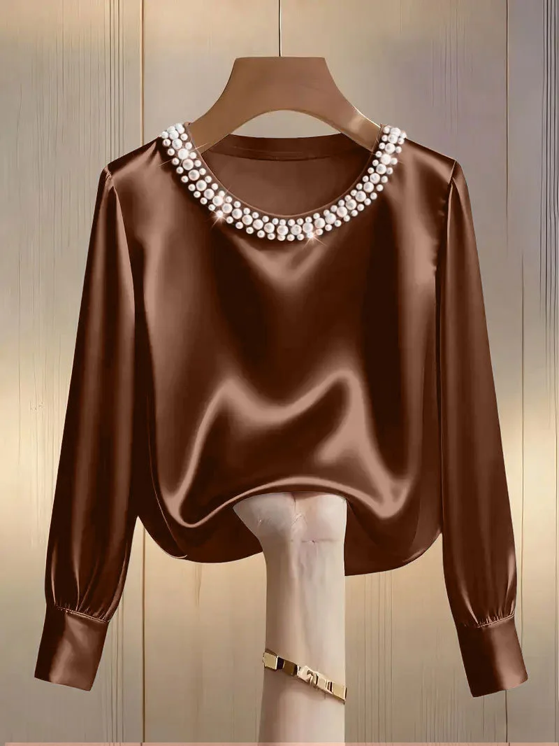Spring and summer French high-end pearl round neck satin shirt top for women