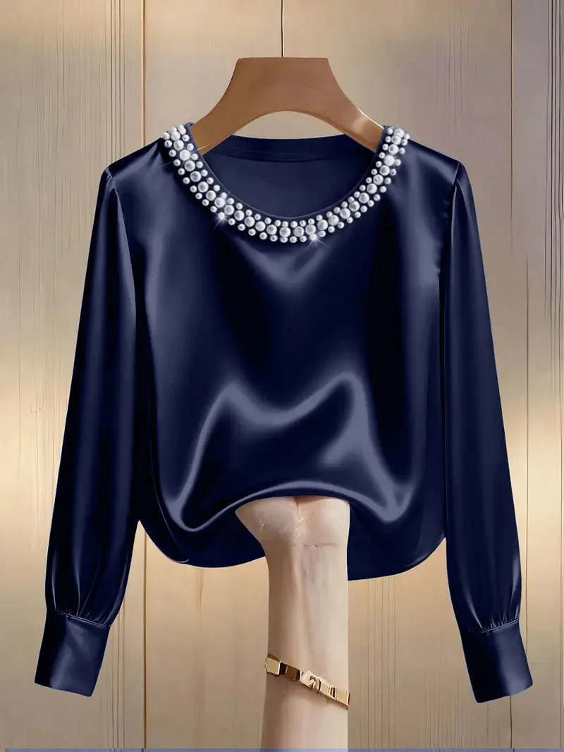 Spring and summer French high-end pearl round neck satin shirt top for women