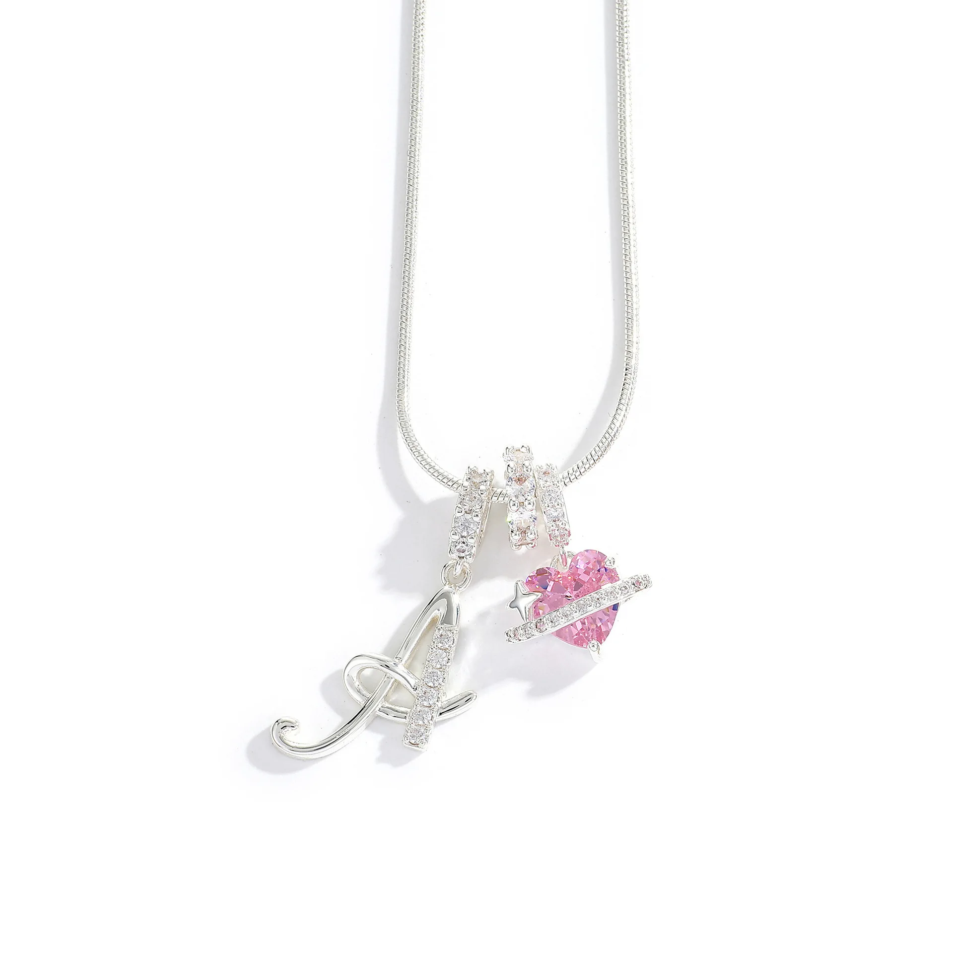 Women's A-Z Initial Letter Pendant Necklace Snake Chain Initial Alphabet CZ Pink Heart Necklace Adjustable Size Hypoallergenic