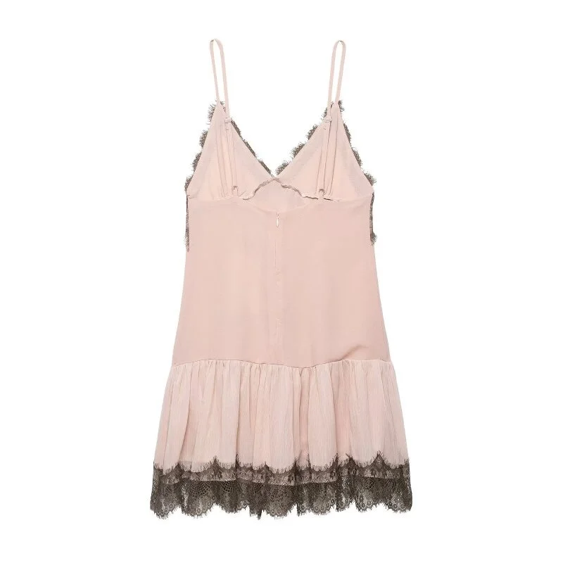 Women's Pink Lace Trim Spaghetti Strap Mini Dress V Neck Sexy Cute Summer Slip Dress Casual Daily Wear Size runs small
