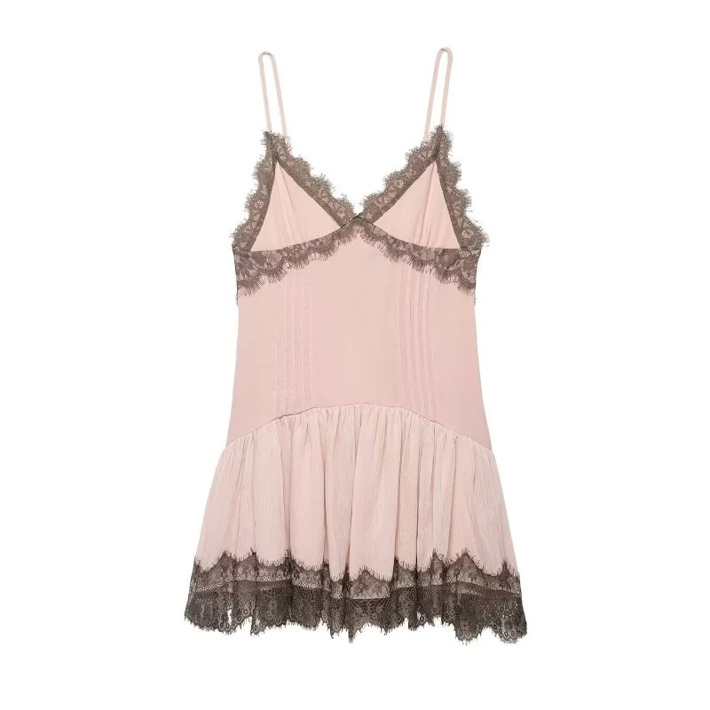 Women's Pink Lace Trim Spaghetti Strap Mini Dress V Neck Sexy Cute Summer Slip Dress Casual Daily Wear Size runs small