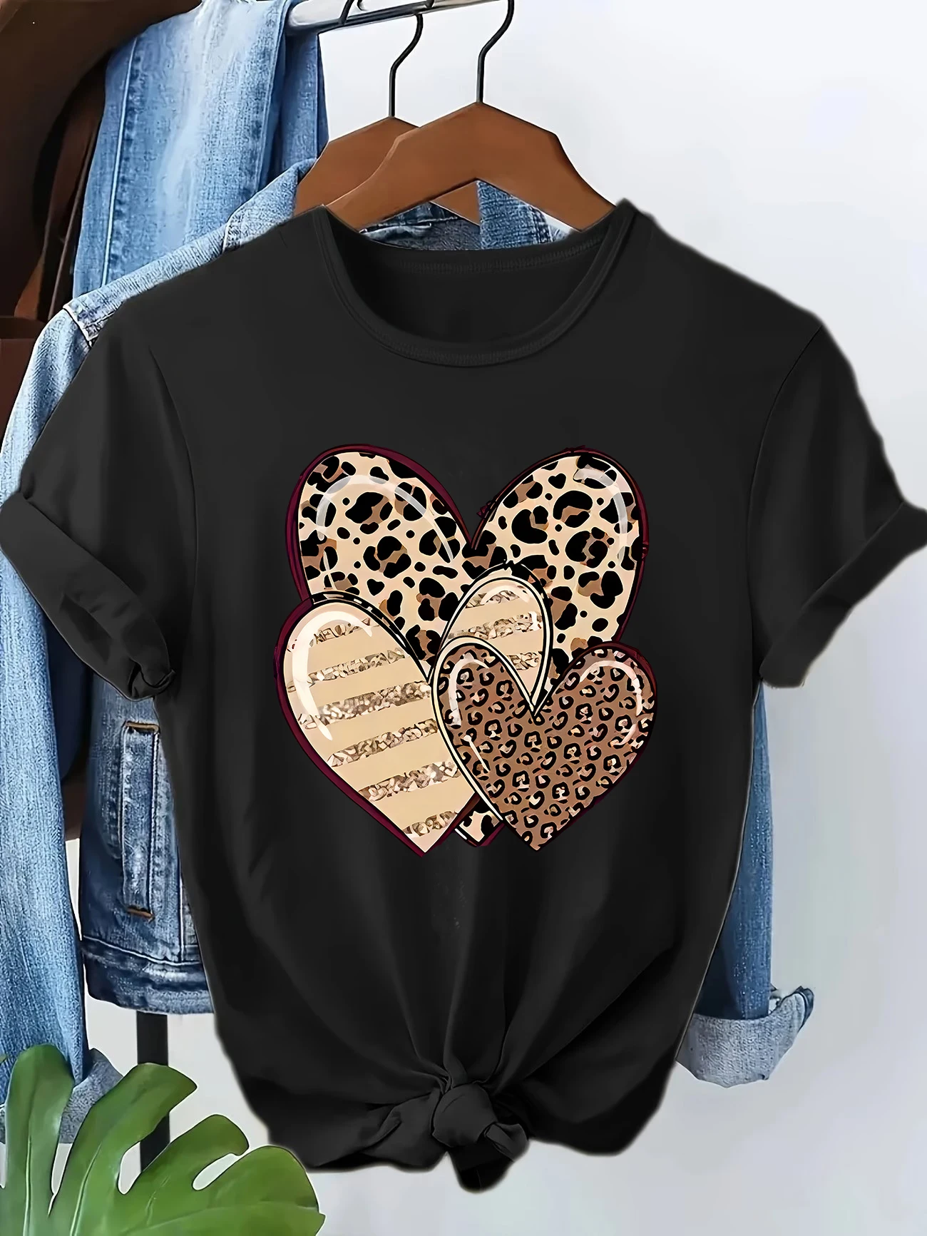 Vintage 90s Y2k Fashion T-shirt Leopard Heart Print Short Sleeve T Shirt Clothing Top Tee Summer Ladies Girls Shirt
