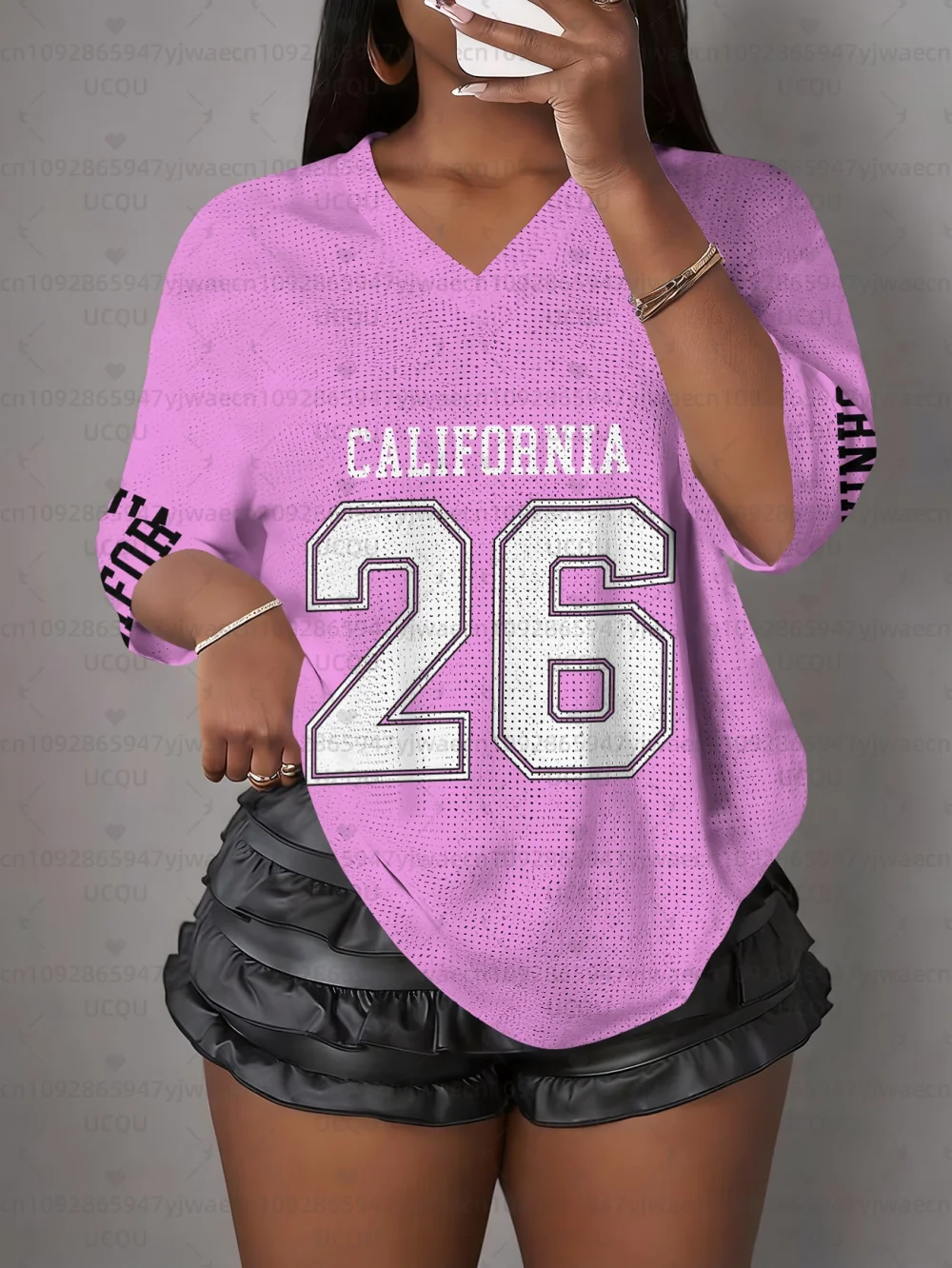 Women's California NO.26 Print V-Neck Short Sleeve T-Shirt Summer Graphic Tee Hole Mesh Jerseys Plus Size Sport T-Shirt