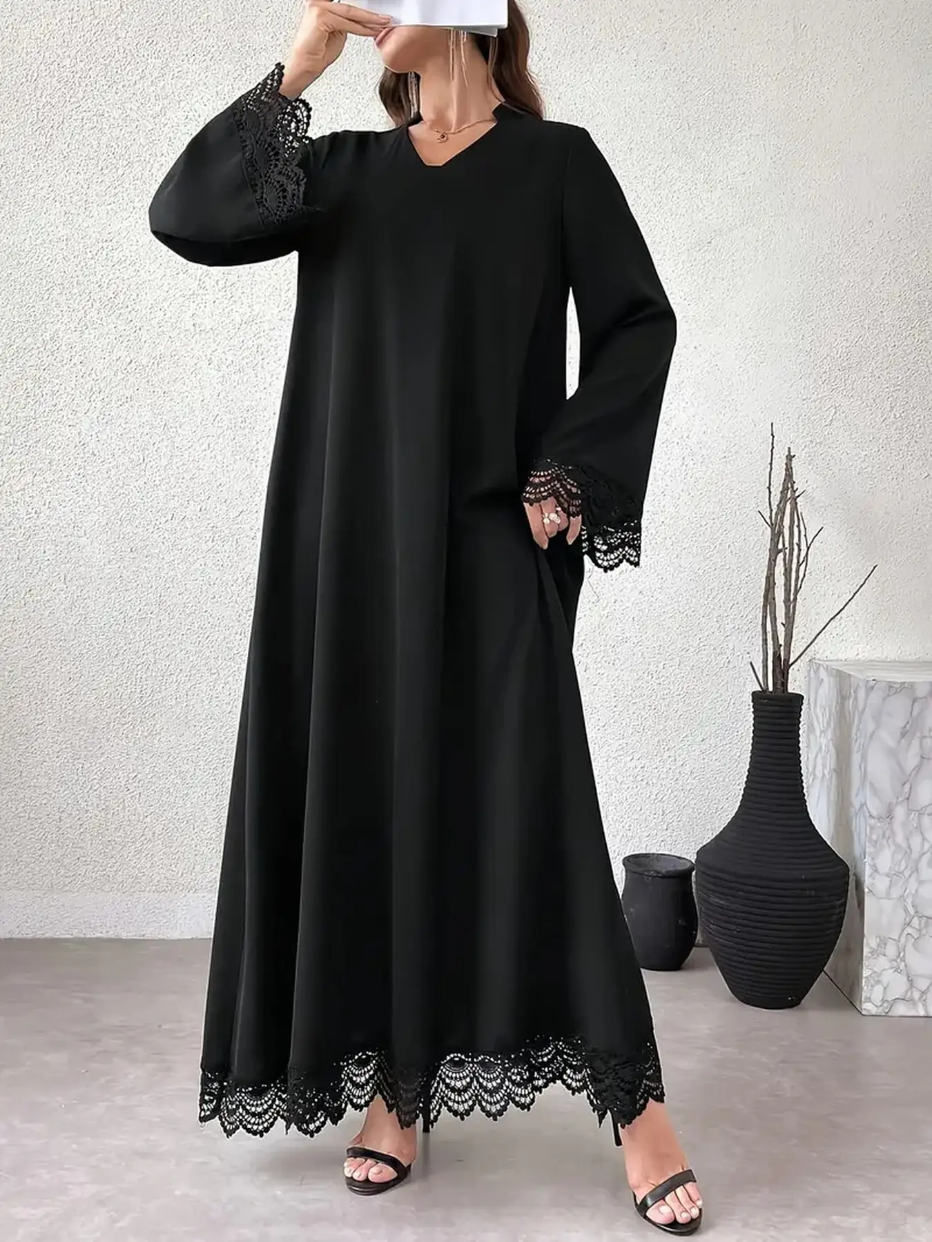 2026 casual and elegant style, V-neck solid color lace long sleeved lace dress long skirt, casual shopping, relaxing and resting