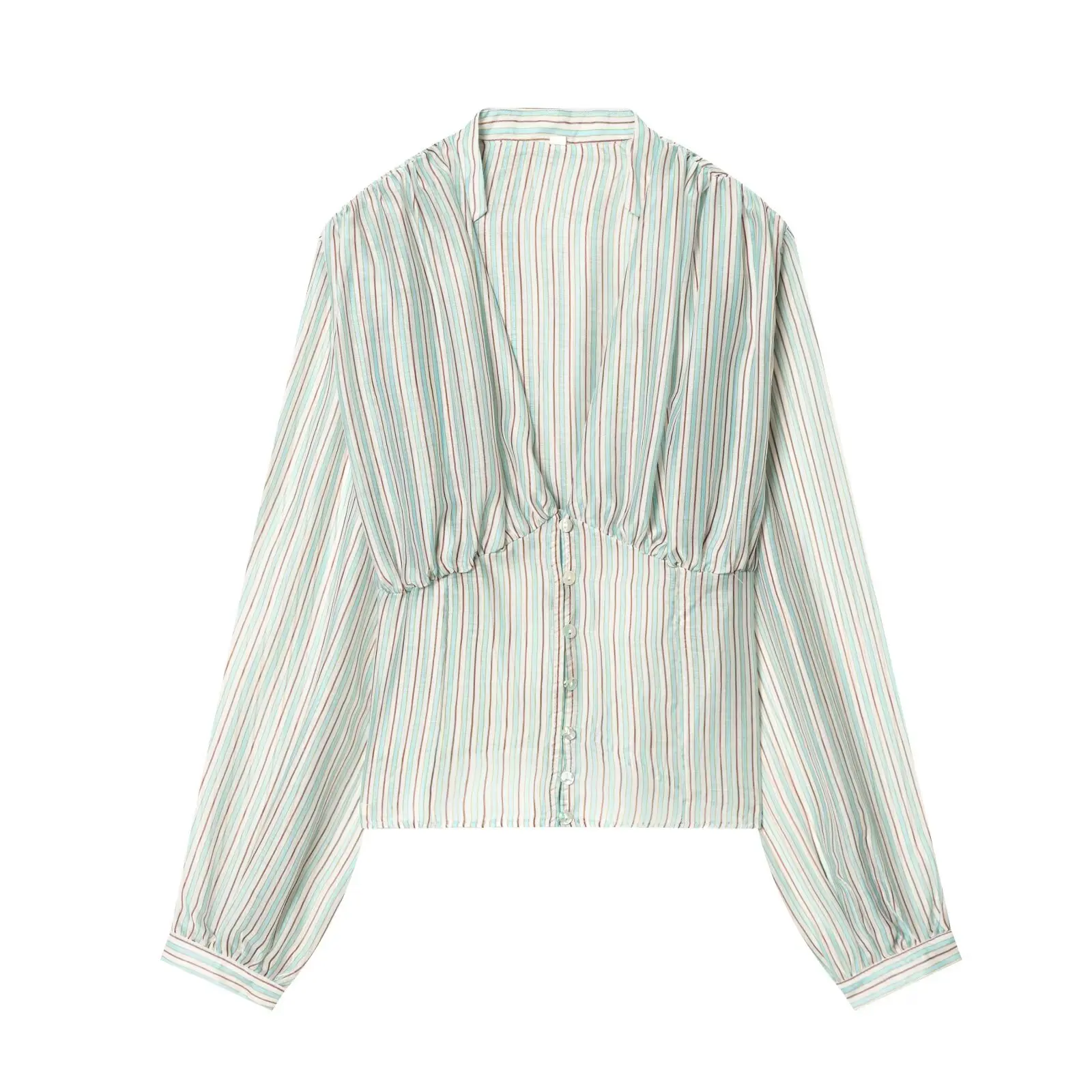 Women's Striped Shirt wirh Fit Waist Spring Summer V Neck Long Sleeve Button Women Shirts Female Chic Tops