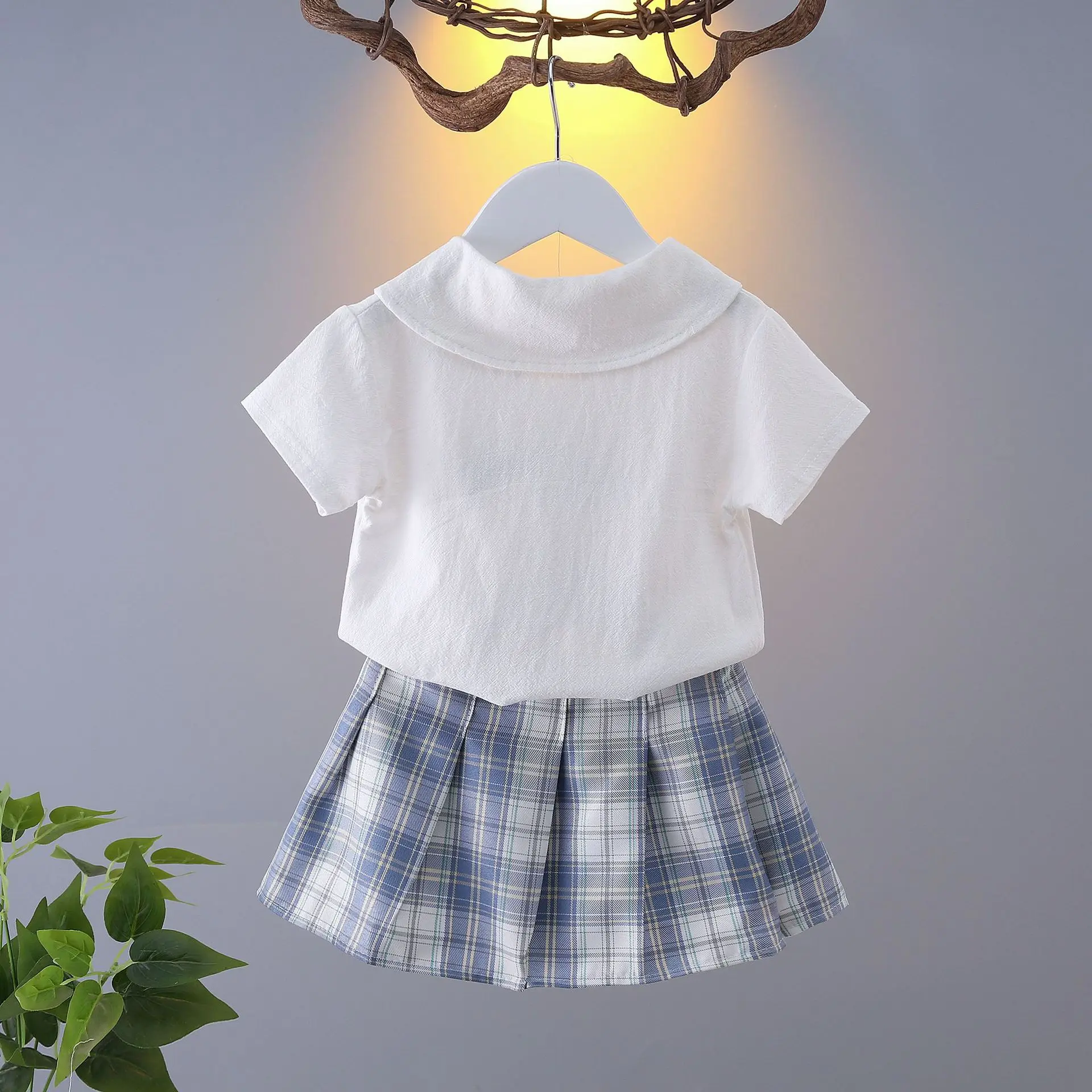2026 New Children's Set Girls' Summer Korean Edition Collar Short Sleeve+Plaid Half Skirt 0-10 Years Old