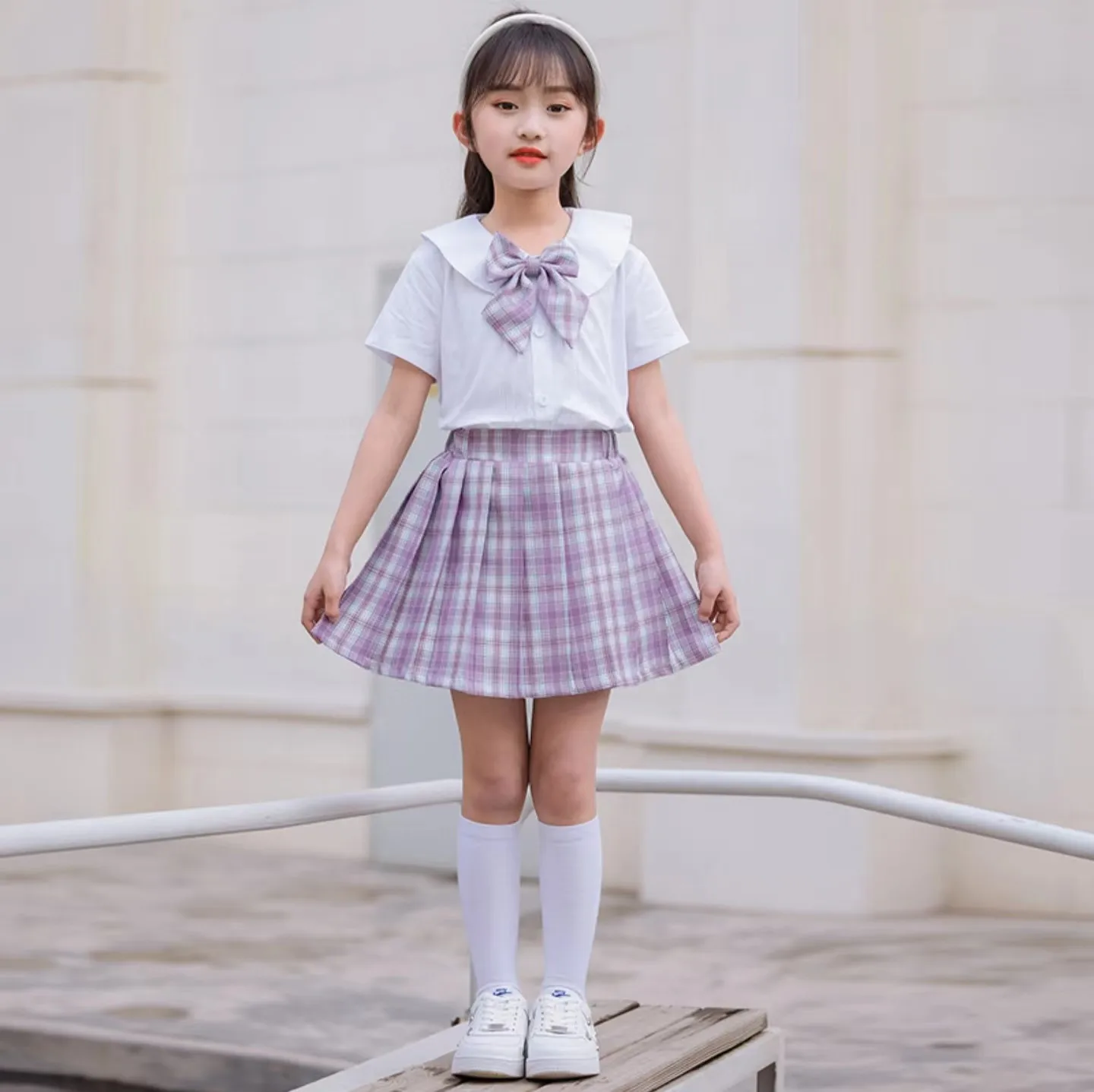 2026 New Children's Set Girls' Summer Korean Edition Collar Short Sleeve+Plaid Half Skirt 0-10 Years Old