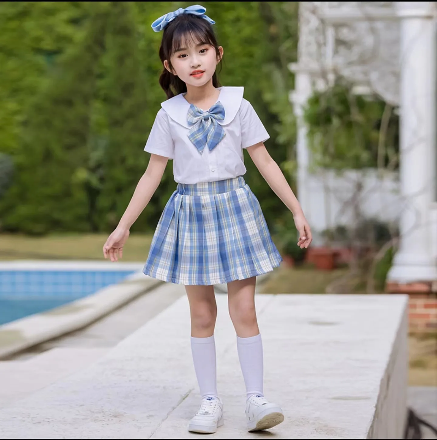 2026 New Children's Set Girls' Summer Korean Edition Collar Short Sleeve+Plaid Half Skirt 0-10 Years Old