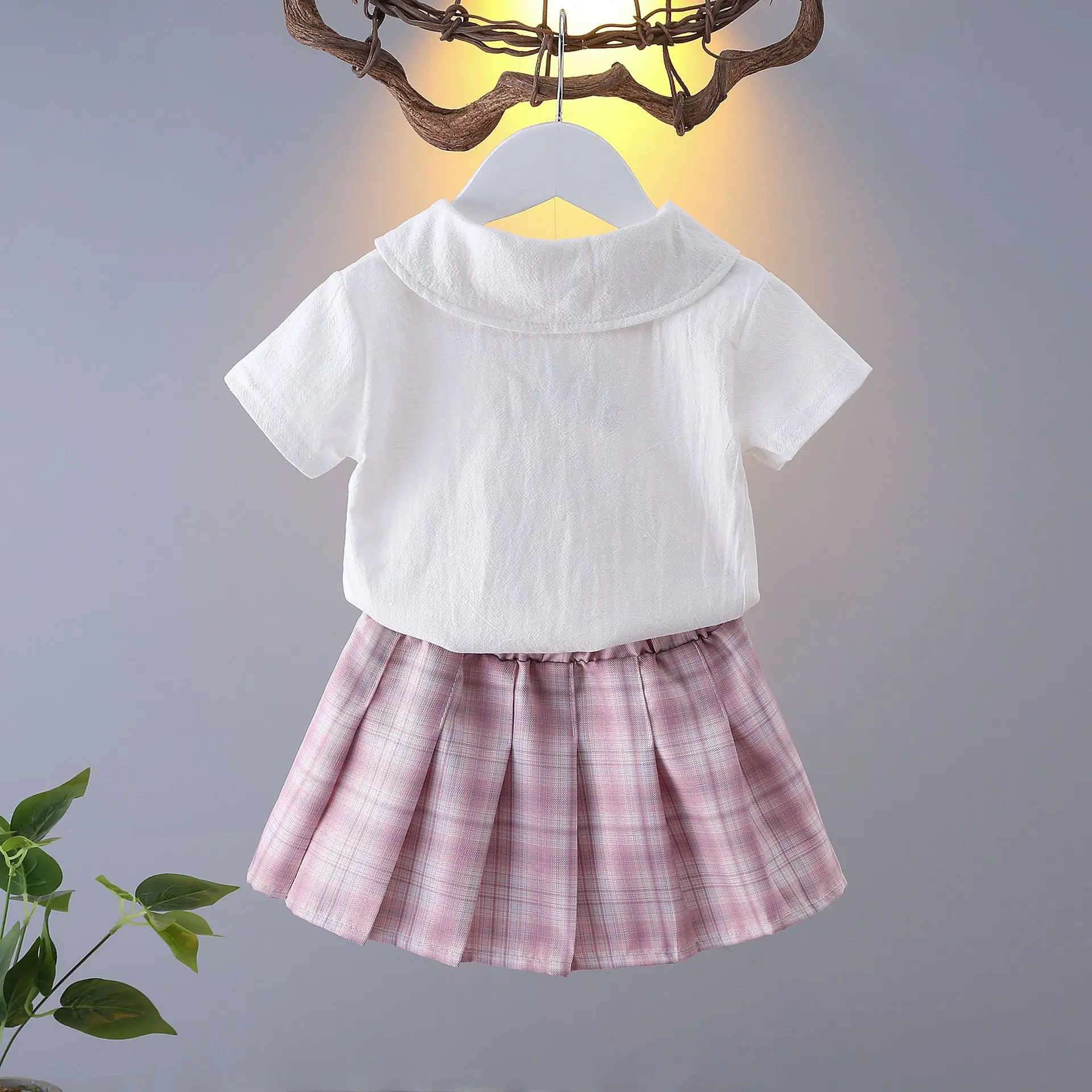 2026 New Children's Set Girls' Summer Korean Edition Collar Short Sleeve+Plaid Half Skirt 0-10 Years Old