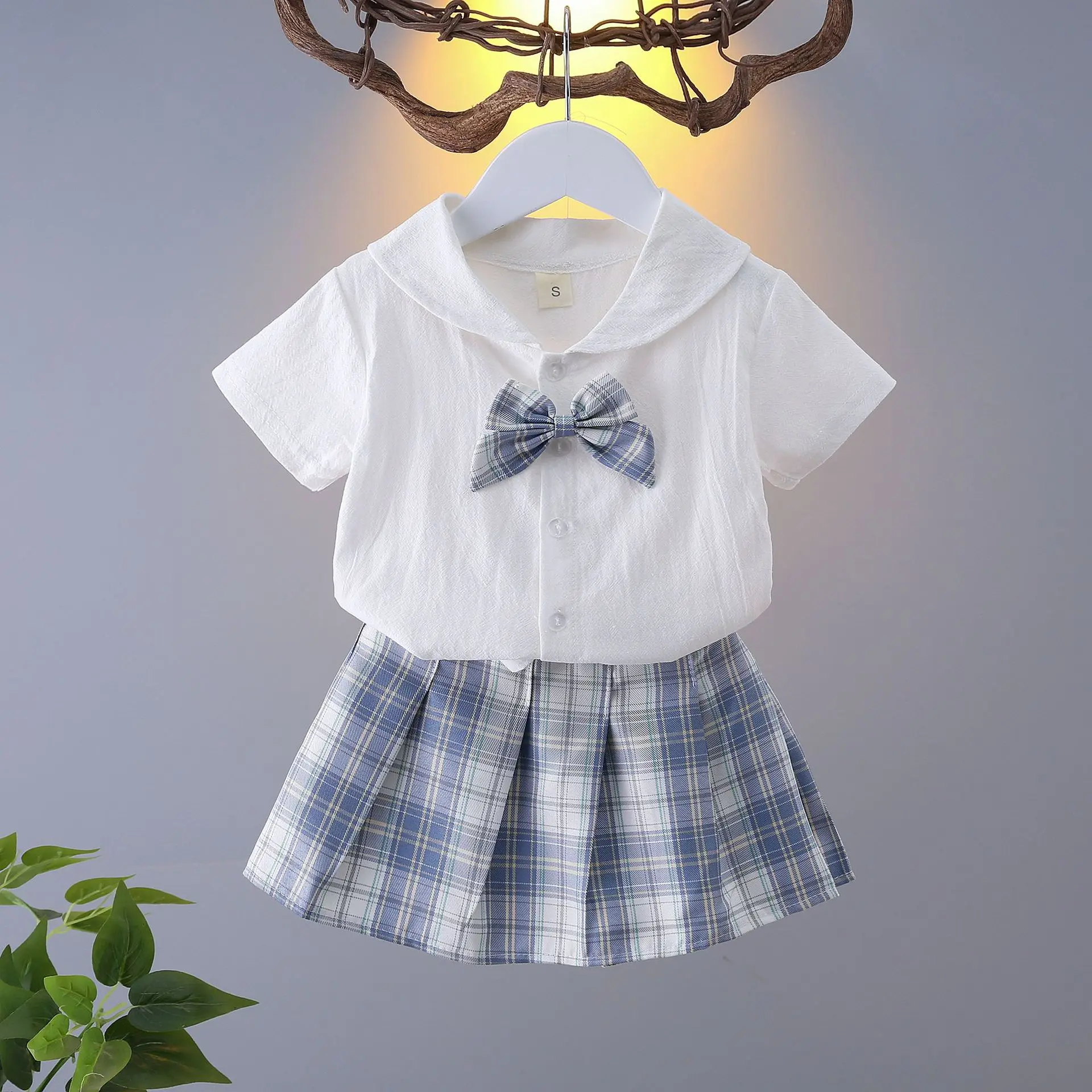 2026 New Children's Set Girls' Summer Korean Edition Collar Short Sleeve+Plaid Half Skirt 0-10 Years Old