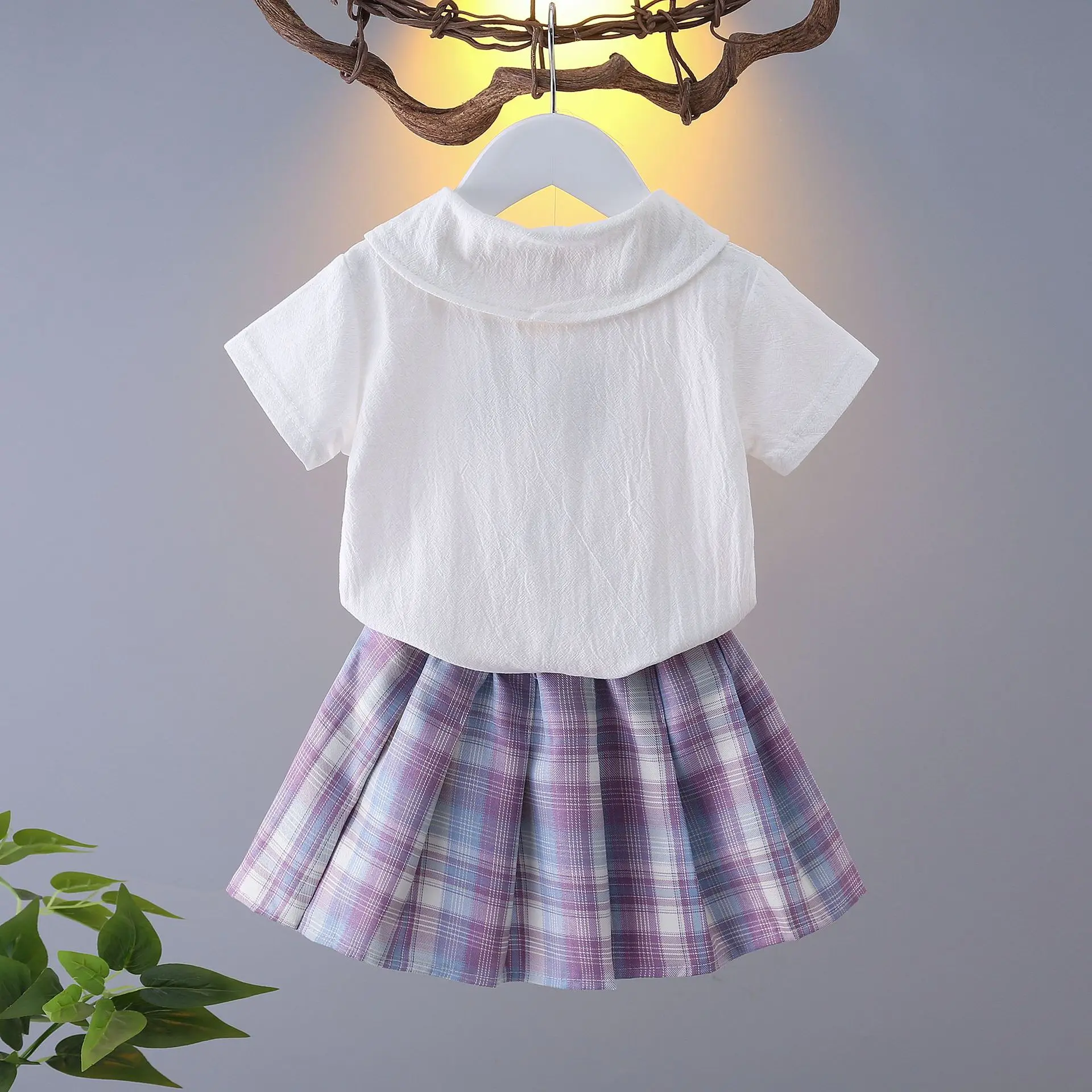 2026 New Children's Set Girls' Summer Korean Edition Collar Short Sleeve+Plaid Half Skirt 0-10 Years Old