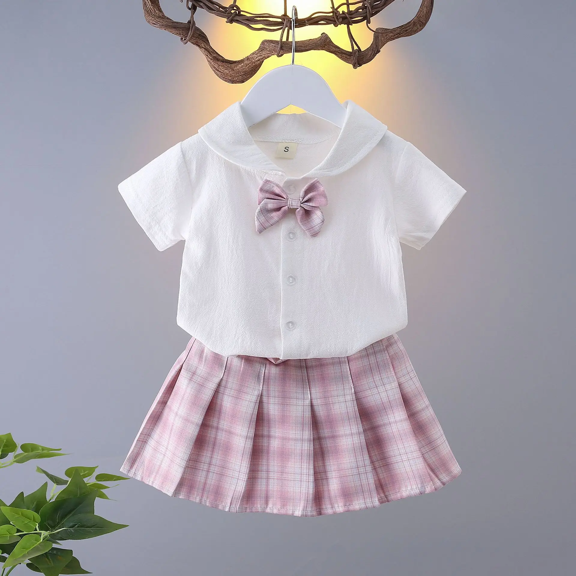 2026 New Children's Set Girls' Summer Korean Edition Collar Short Sleeve+Plaid Half Skirt 0-10 Years Old