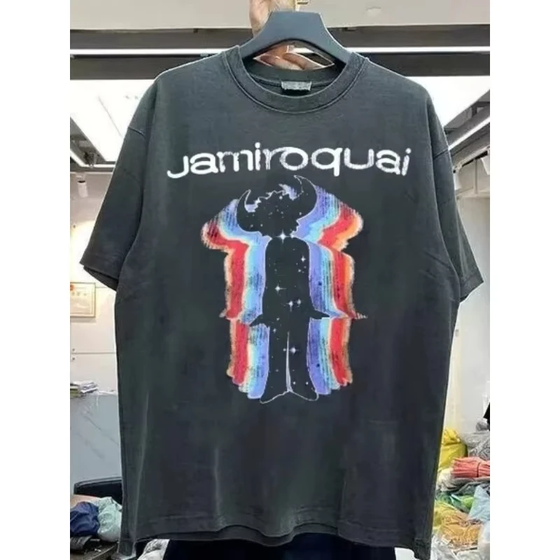 Black shirt men's and women's streetwear men's T-shirt Jamiroquai band tour pattern short sleeved