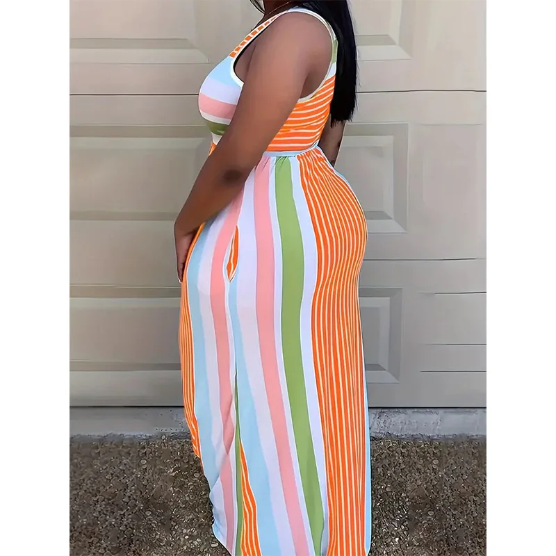 Large sleeveless round neck striped dress with fashionable print, sexy streetwear, hip hugging skirt for women
