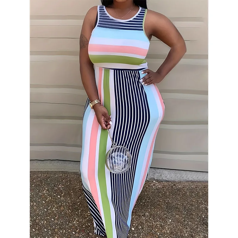 Large sleeveless round neck striped dress with fashionable print, sexy streetwear, hip hugging skirt for women