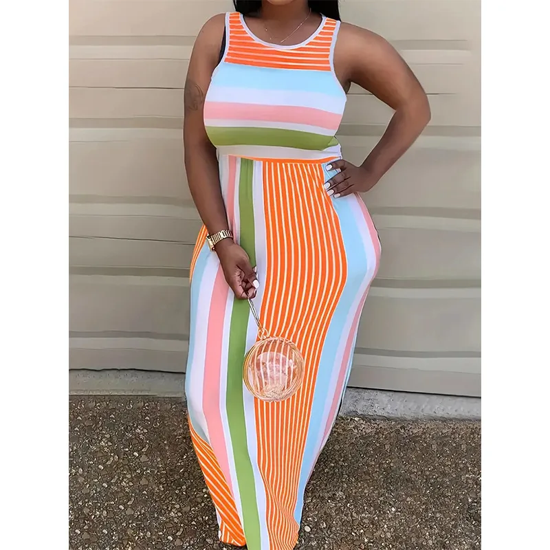 Large sleeveless round neck striped dress with fashionable print, sexy streetwear, hip hugging skirt for women