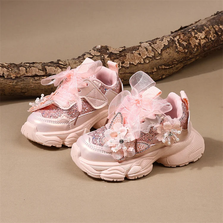 Spring 2026 Toddler Girls Sport Shoes Bling Soft Sole Breathable Outdoor Tennis Fashion Kids Sneakers Children Shoes