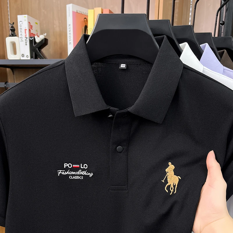 High End Brand Polo Shirt Men's New Summer Heavyweight Embroidery Small Horse Logo Lapel T-shirt Loose Casual Top