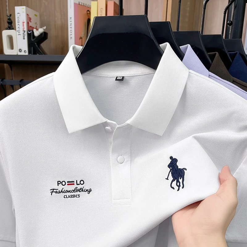 High End Brand Polo Shirt Men's New Summer Heavyweight Embroidery Small Horse Logo Lapel T-shirt Loose Casual Top