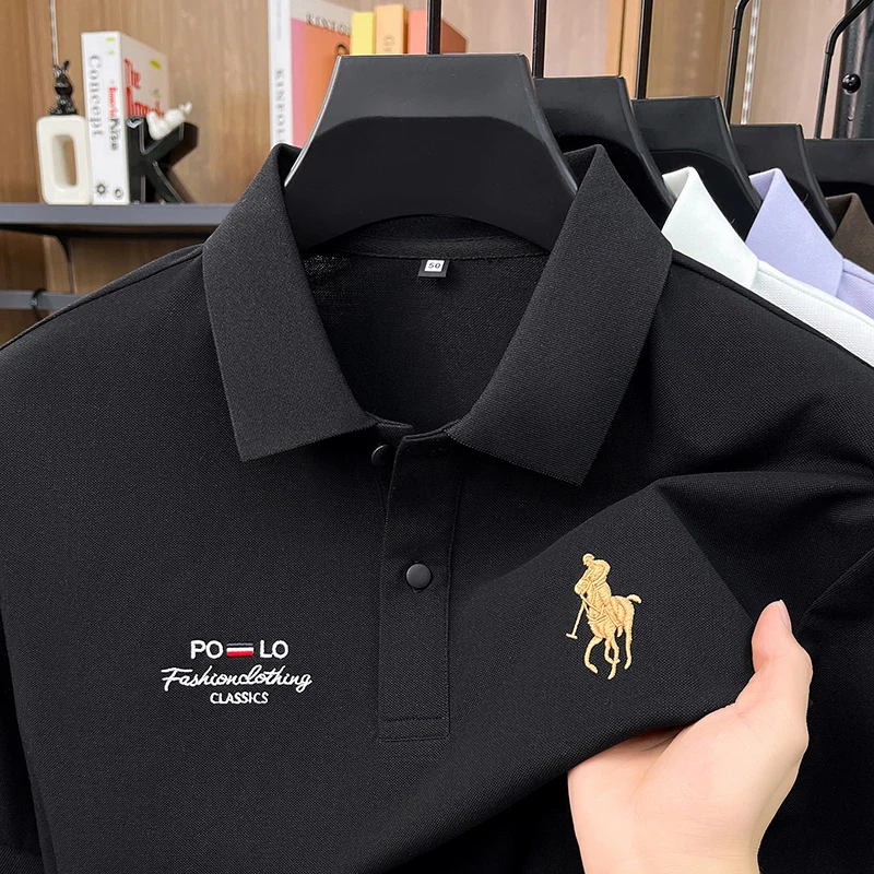 High End Brand Polo Shirt Men's New Summer Heavyweight Embroidery Small Horse Logo Lapel T-shirt Loose Casual Top
