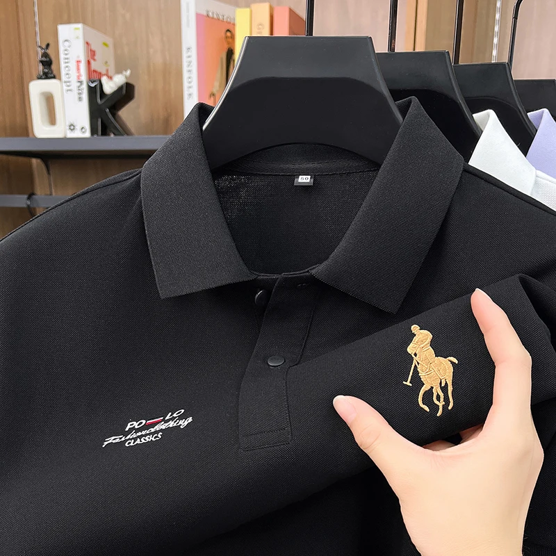 High End Brand Polo Shirt Men's New Summer Heavyweight Embroidery Small Horse Logo Lapel T-shirt Loose Casual Top