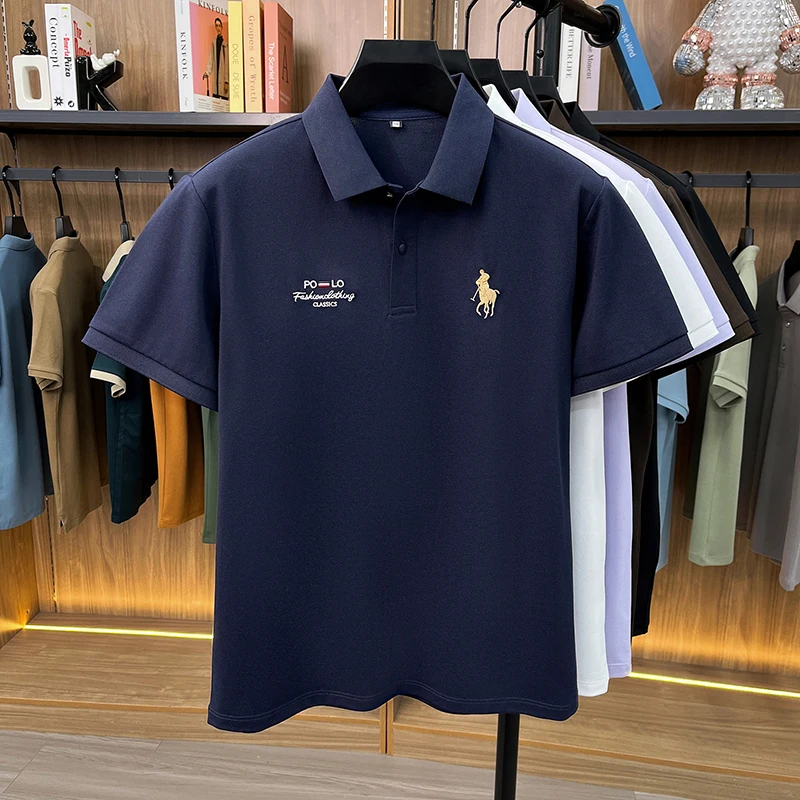 High End Brand Polo Shirt Men's New Summer Heavyweight Embroidery Small Horse Logo Lapel T-shirt Loose Casual Top