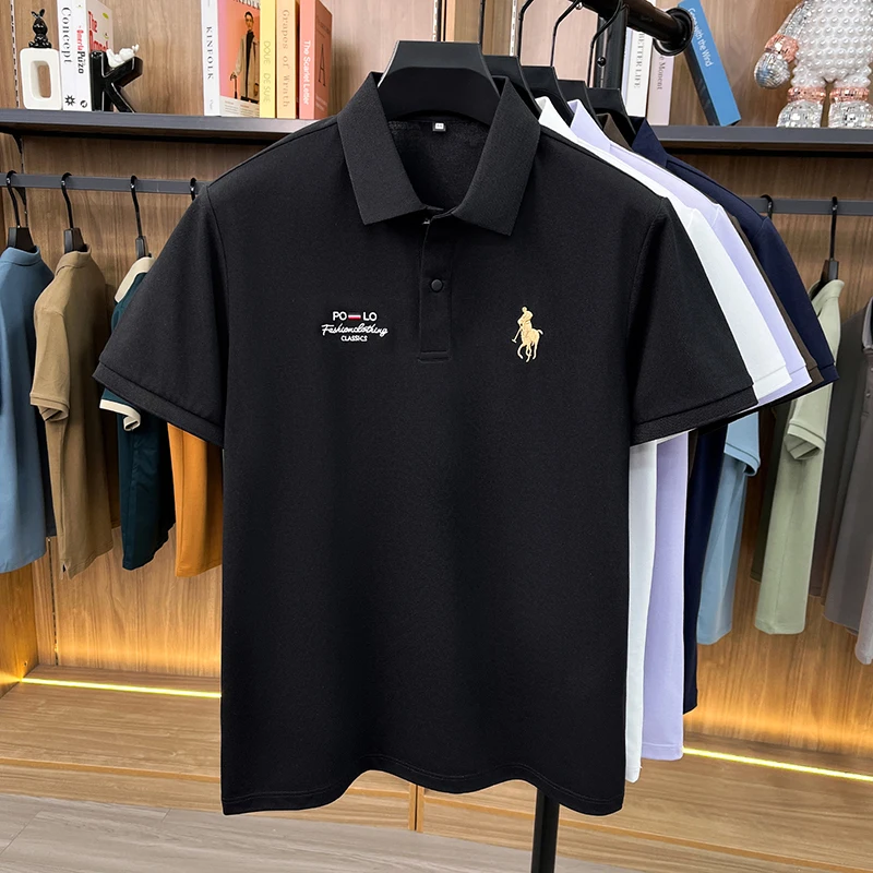 High End Brand Polo Shirt Men's New Summer Heavyweight Embroidery Small Horse Logo Lapel T-shirt Loose Casual Top