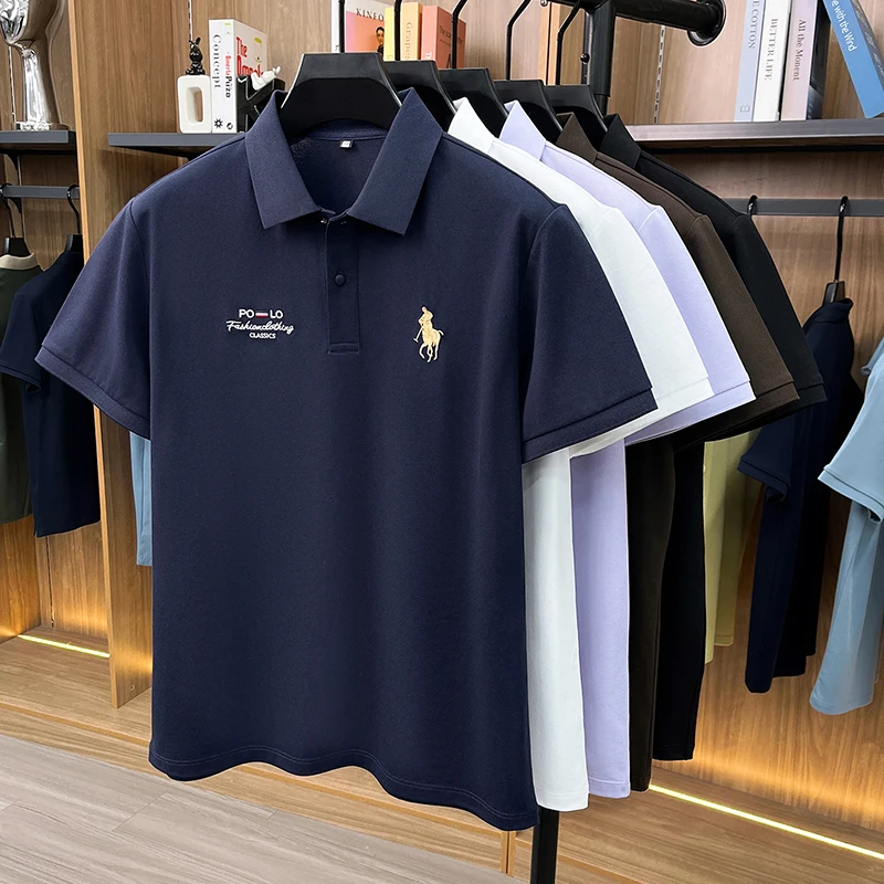 High End Brand Polo Shirt Men's New Summer Heavyweight Embroidery Small Horse Logo Lapel T-shirt Loose Casual Top