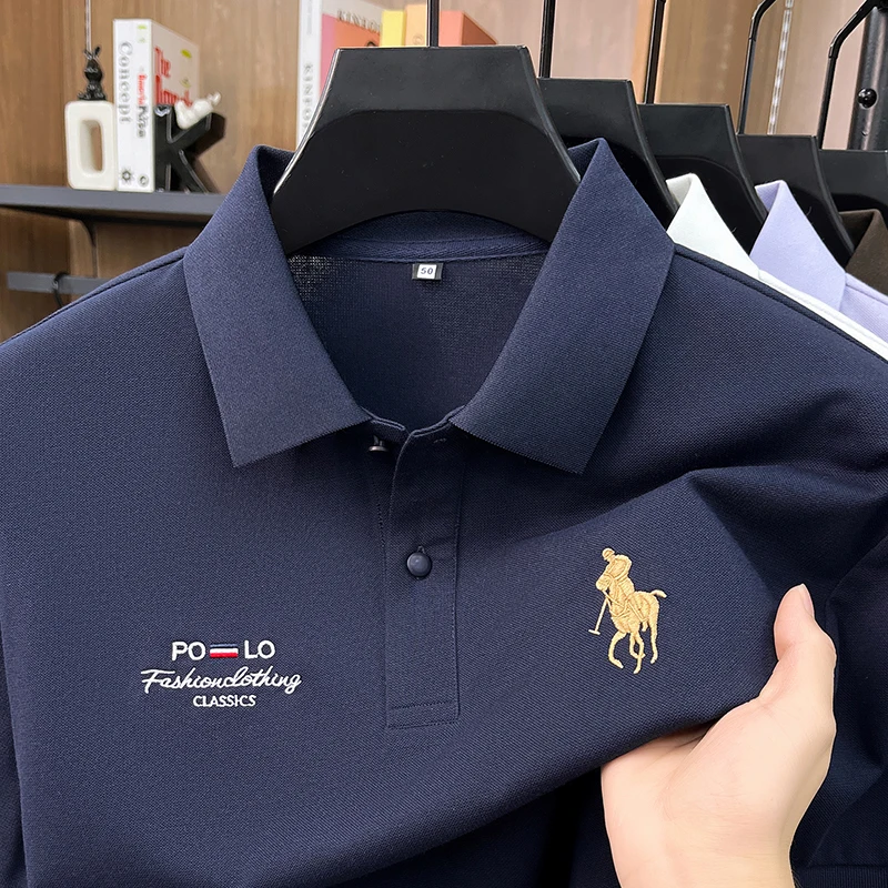 High End Brand Polo Shirt Men's New Summer Heavyweight Embroidery Small Horse Logo Lapel T-shirt Loose Casual Top