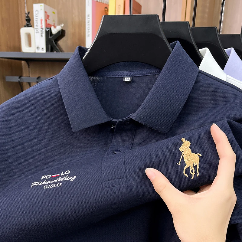 High End Brand Polo Shirt Men's New Summer Heavyweight Embroidery Small Horse Logo Lapel T-shirt Loose Casual Top