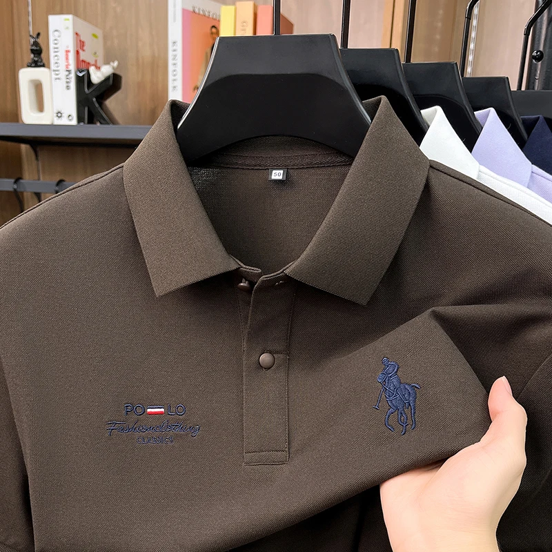 High End Brand Polo Shirt Men's New Summer Heavyweight Embroidery Small Horse Logo Lapel T-shirt Loose Casual Top