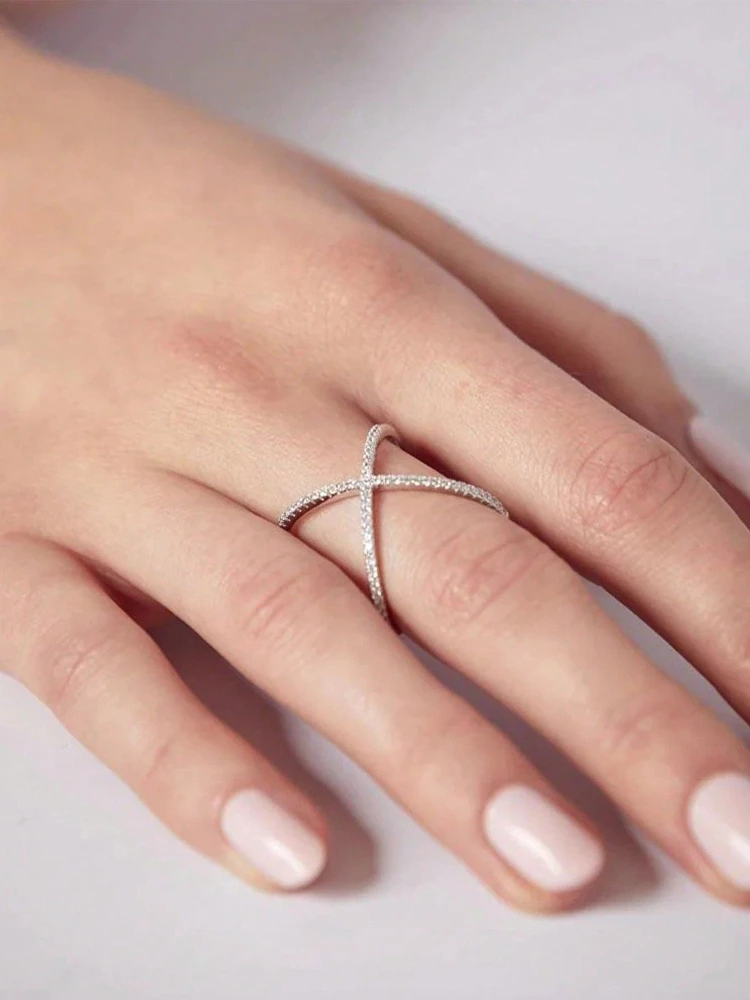 Fashion Simple Real Moissanite Diamond X shaped Ring for Women Party 925 Sterling Silver High Quality Fine Jewelry
