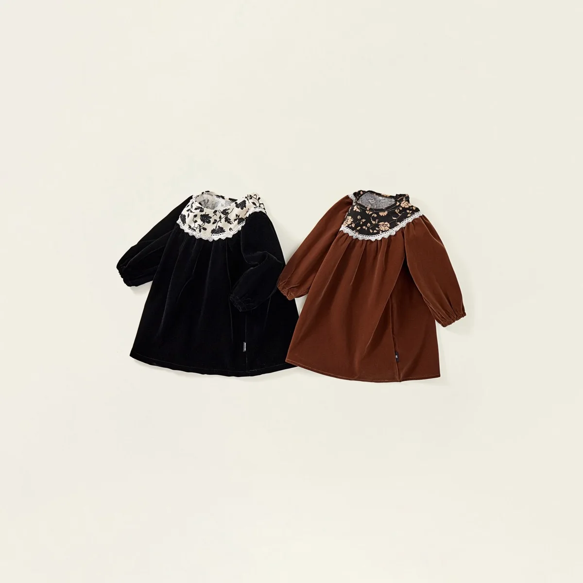 Girls' Hepburn-Style Dress, Spring and Autumn Vintage Velvet Dress for Little Girls, Children's Long-Sleeve Floral Dark-Colored Dress
