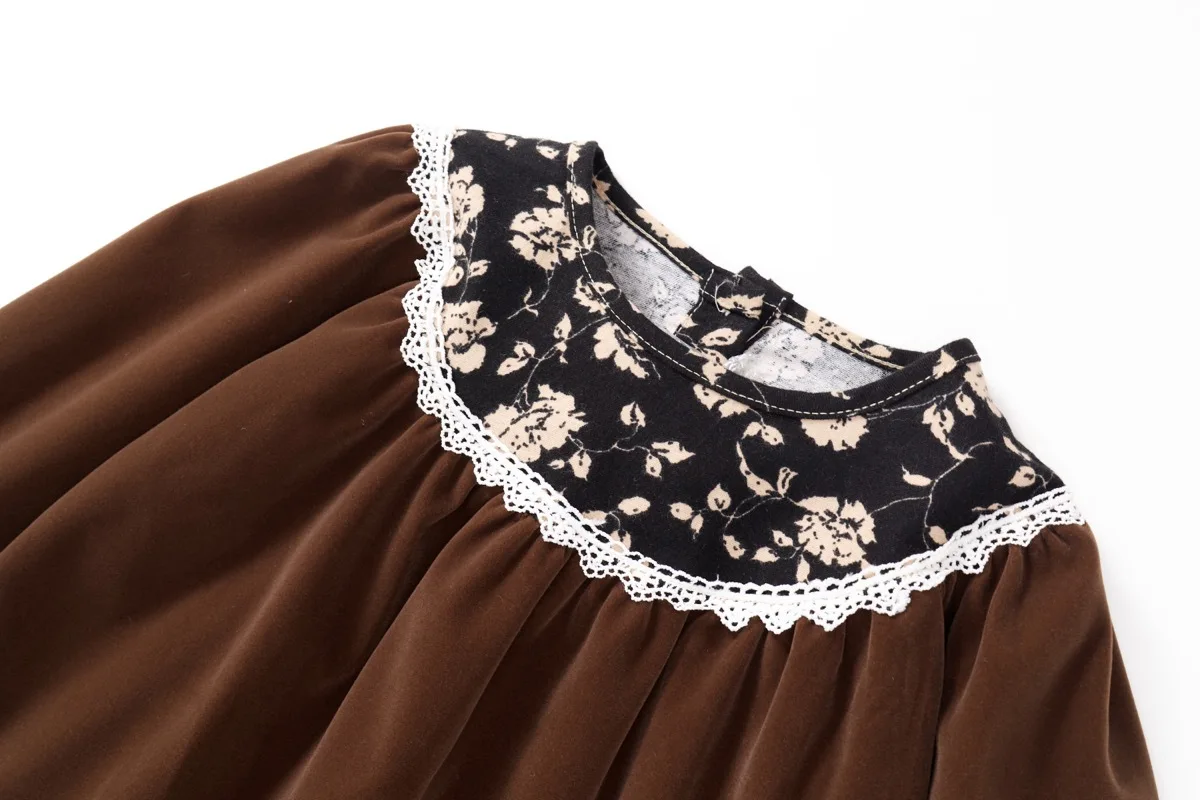 Girls' Hepburn-Style Dress, Spring and Autumn Vintage Velvet Dress for Little Girls, Children's Long-Sleeve Floral Dark-Colored Dress